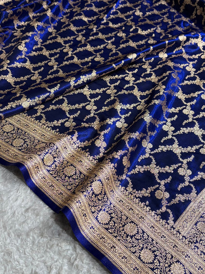 Royal Blue Shades Cross Pattern Banarasi Satin Silk Saree SS40