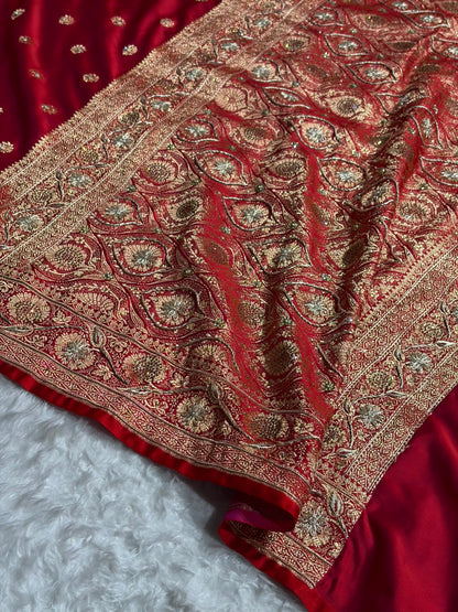 Banarasi Cross Red Work Pattern Satin Katan Silk Saree BSK72
