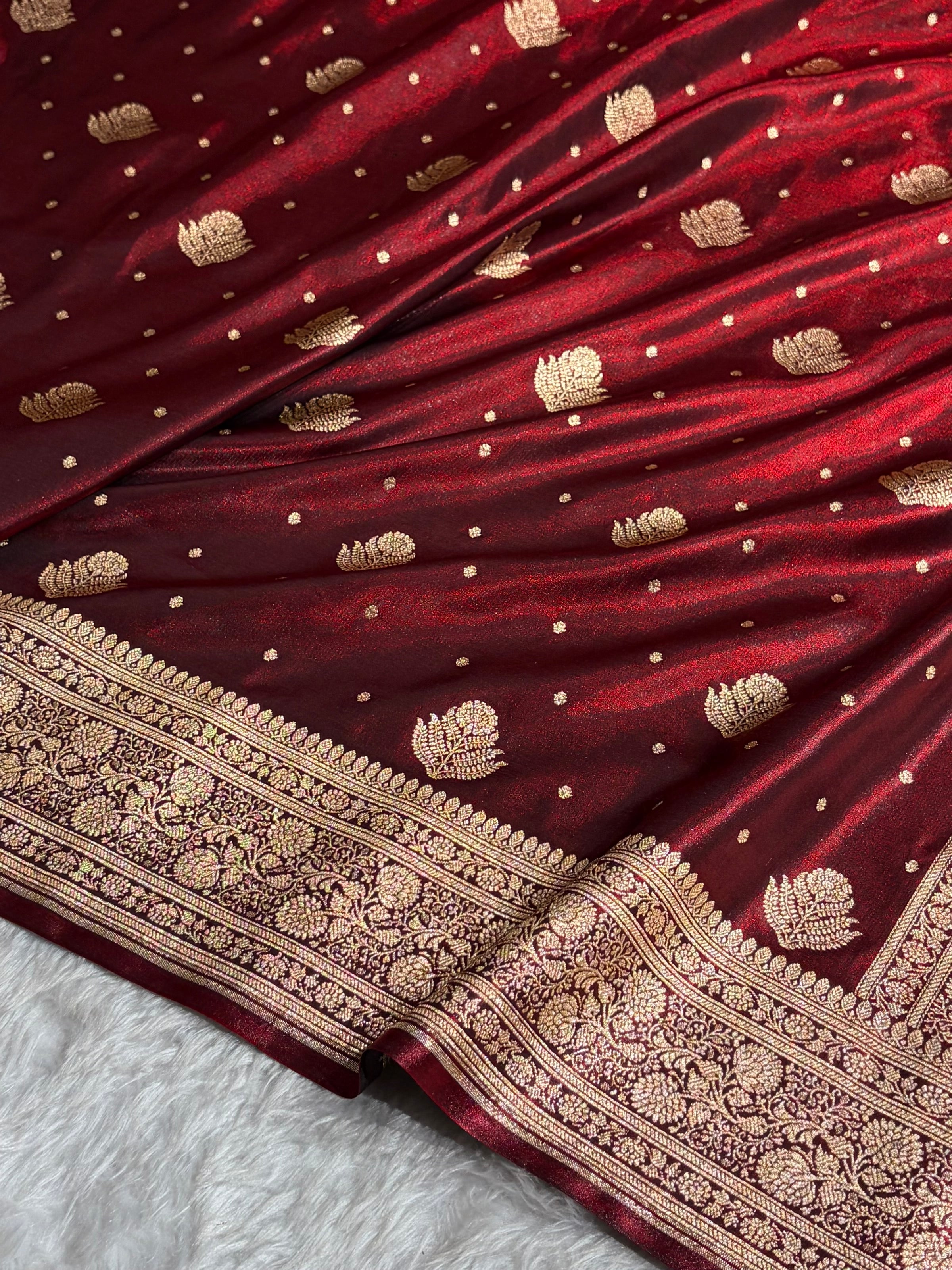 Banarasi Maroon Shades Booti Pattern Banarasi Satin Silk Saree SS59