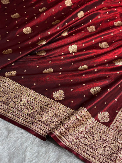 Banarasi Maroon Shades Booti Pattern Banarasi Satin Silk Saree SS59