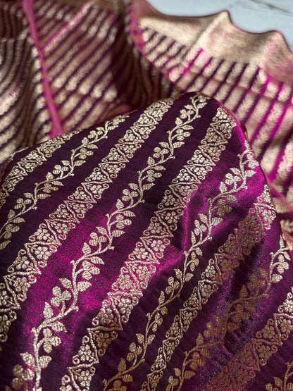 Wine Shades Stripe Pattern Banarasi Satin Silk Saree SS46