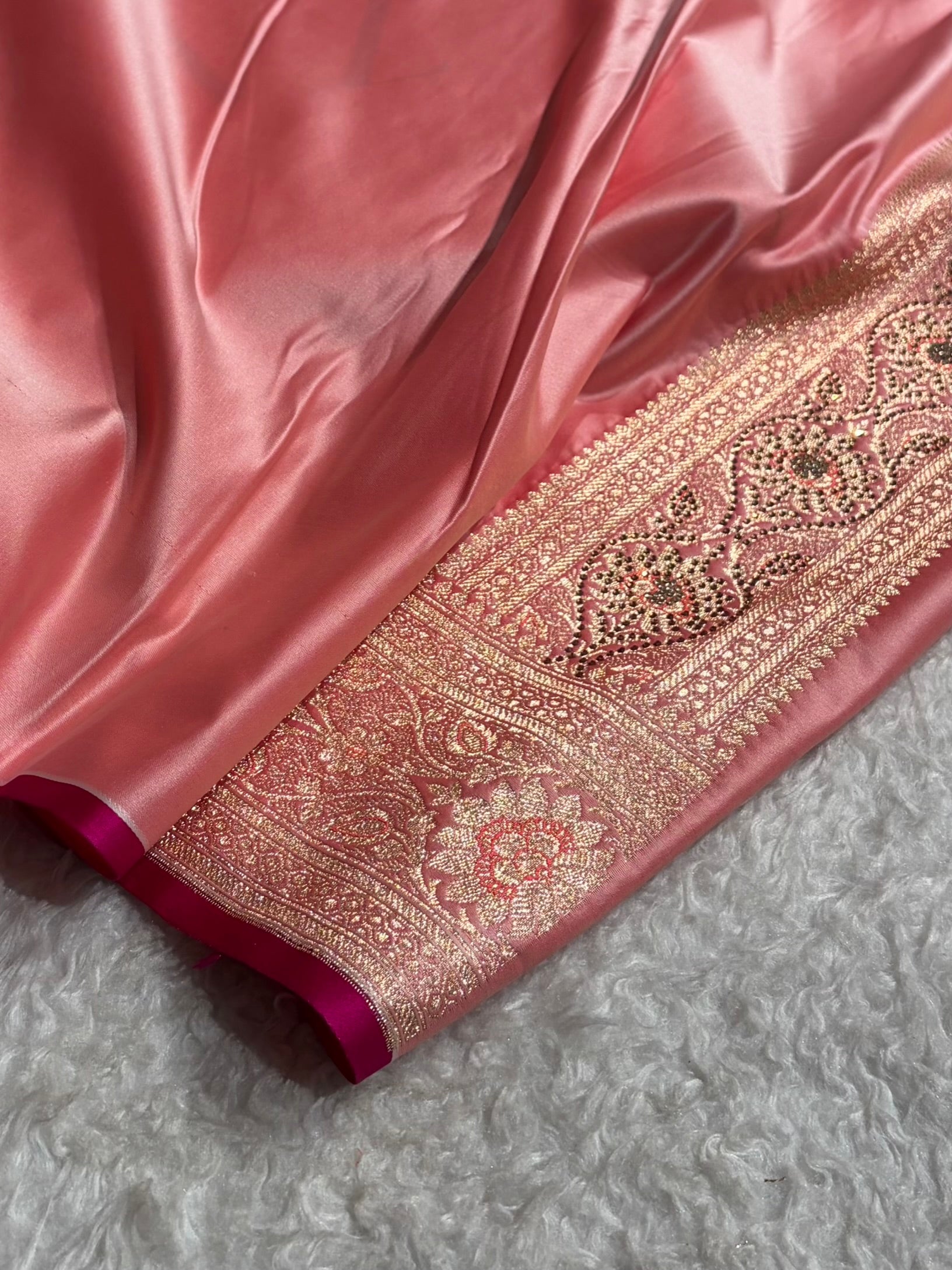 Baby Pink Booti With Swarovski Work Satin katan Silk Saree BSK11