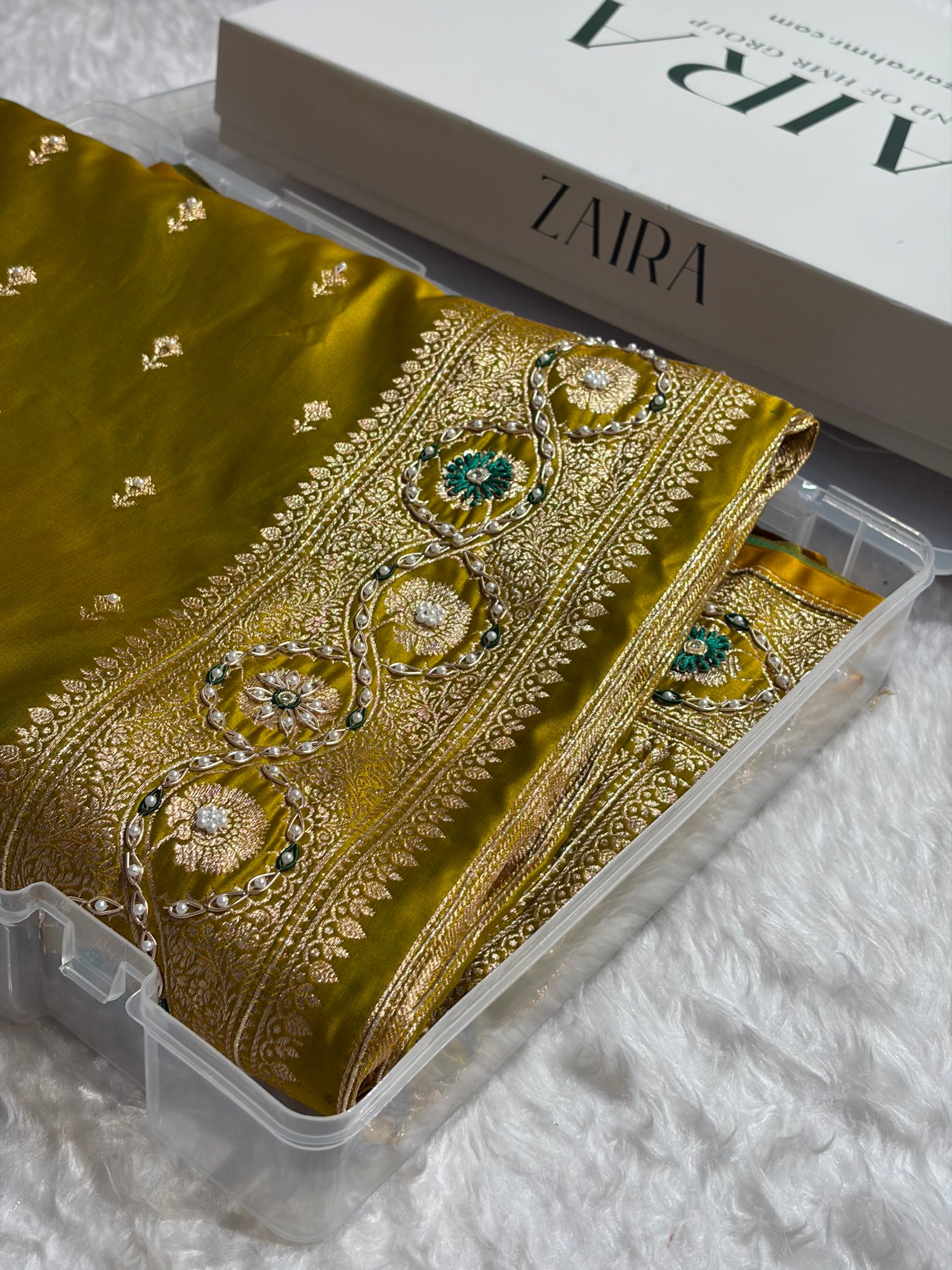 Mehandi Booti Pattern With Ari Stone Pearl Work Satin Katan Silk Saree BSK54