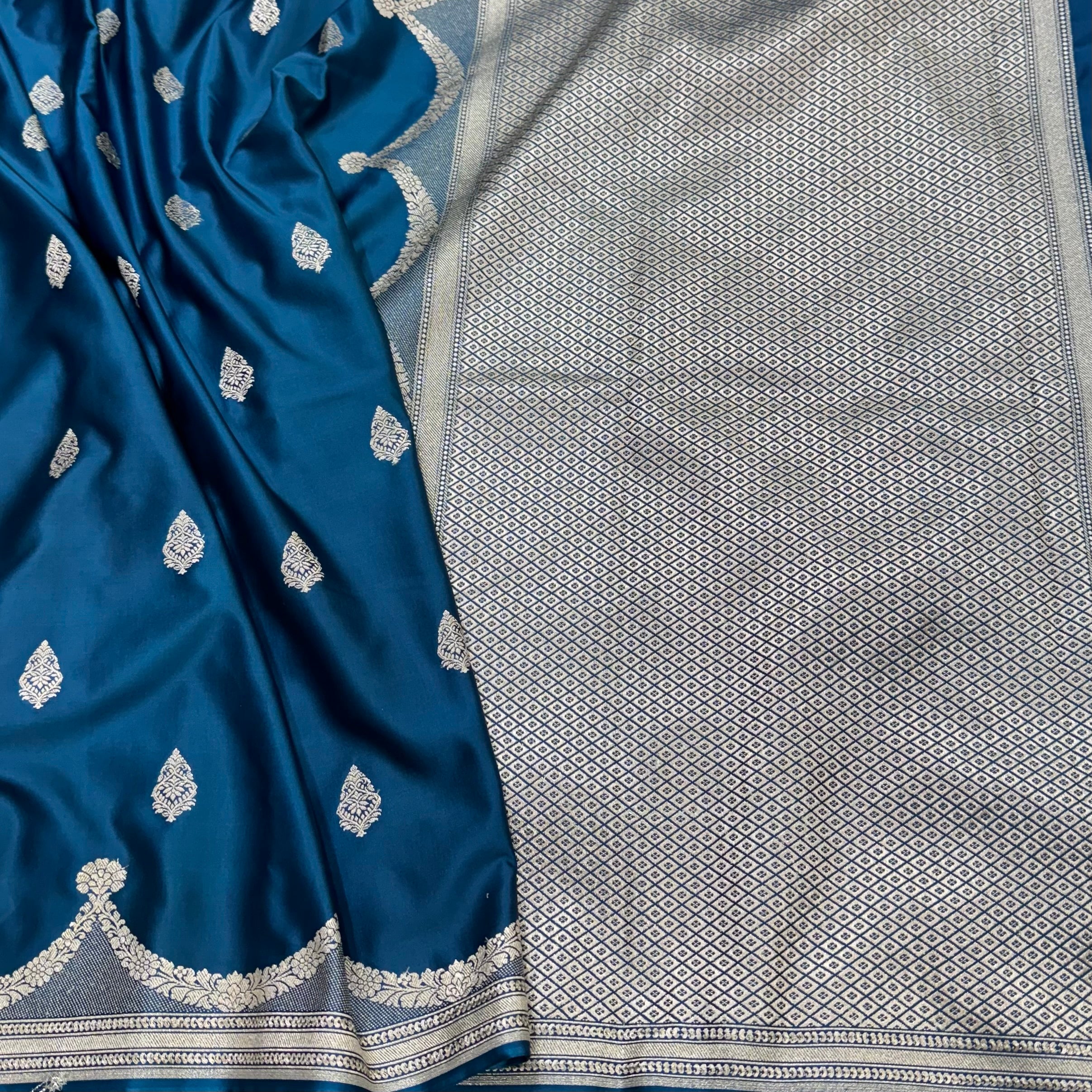 German Blue Scallop Mashru Silk Saree