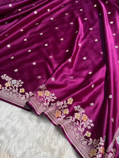 Wine Shades Minakari Floral Border Booti Mashru Silk Saree MS75