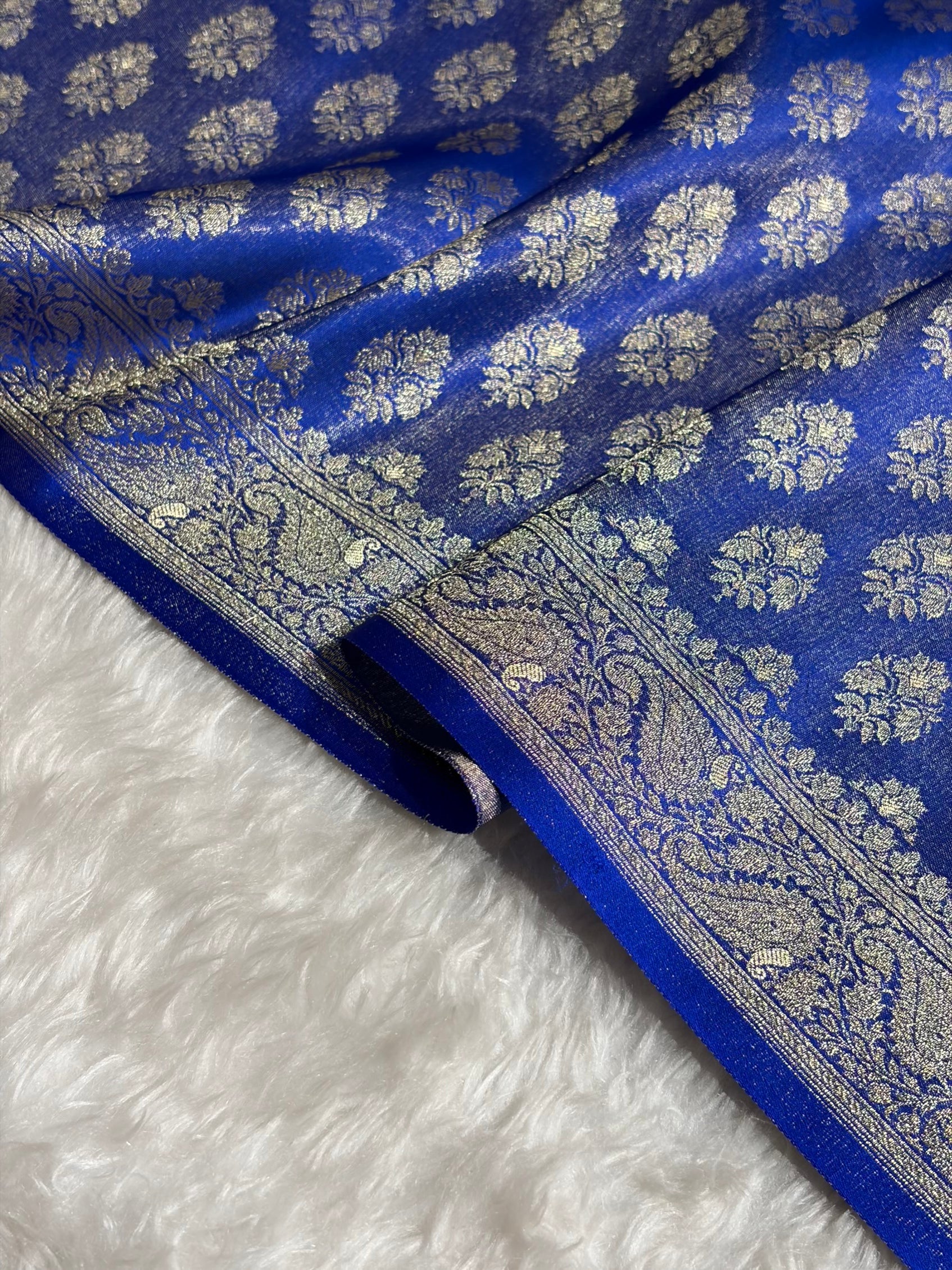 Banarasi Cross Royal Blue Shades Satin Tissue Silk Saree In Booti motif ST01