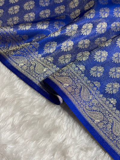 Banarasi Cross Royal Blue Shades Satin Tissue Silk Saree In Booti motif ST01