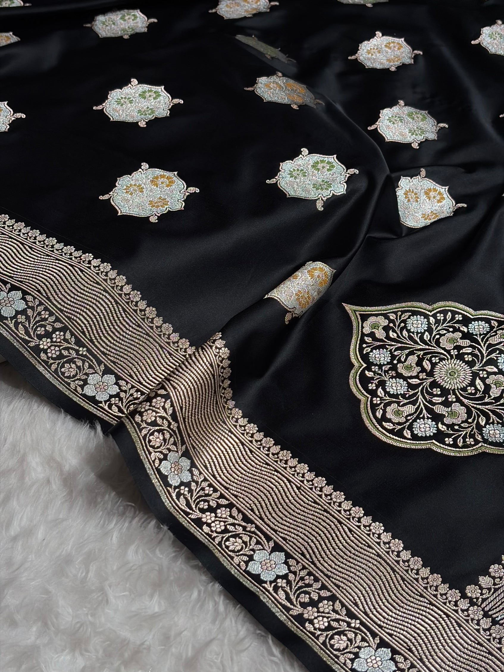 Premium Banarasi Satin Katan Saree Minakari Booti Pattern in Black Shades SK138