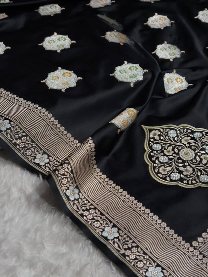 Premium Banarasi Satin Katan Saree Minakari Booti Pattern in Black Shades SK138