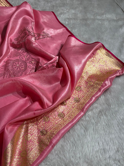 Light Weight Baby Pink Satin Silk Saree with Swarovski work BSS14