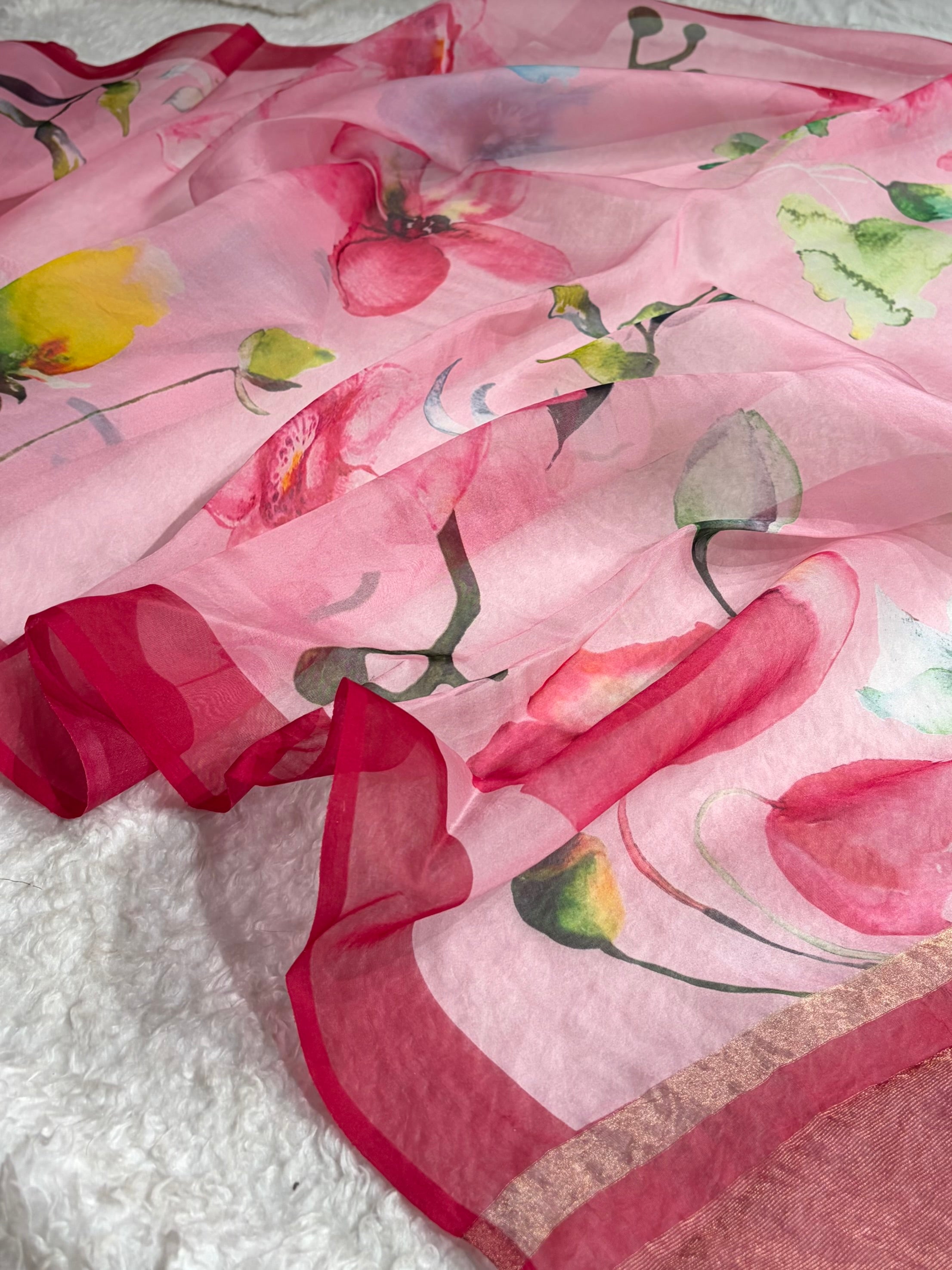 Baby Pink Organza with Pastel Multicolor Florals POP04