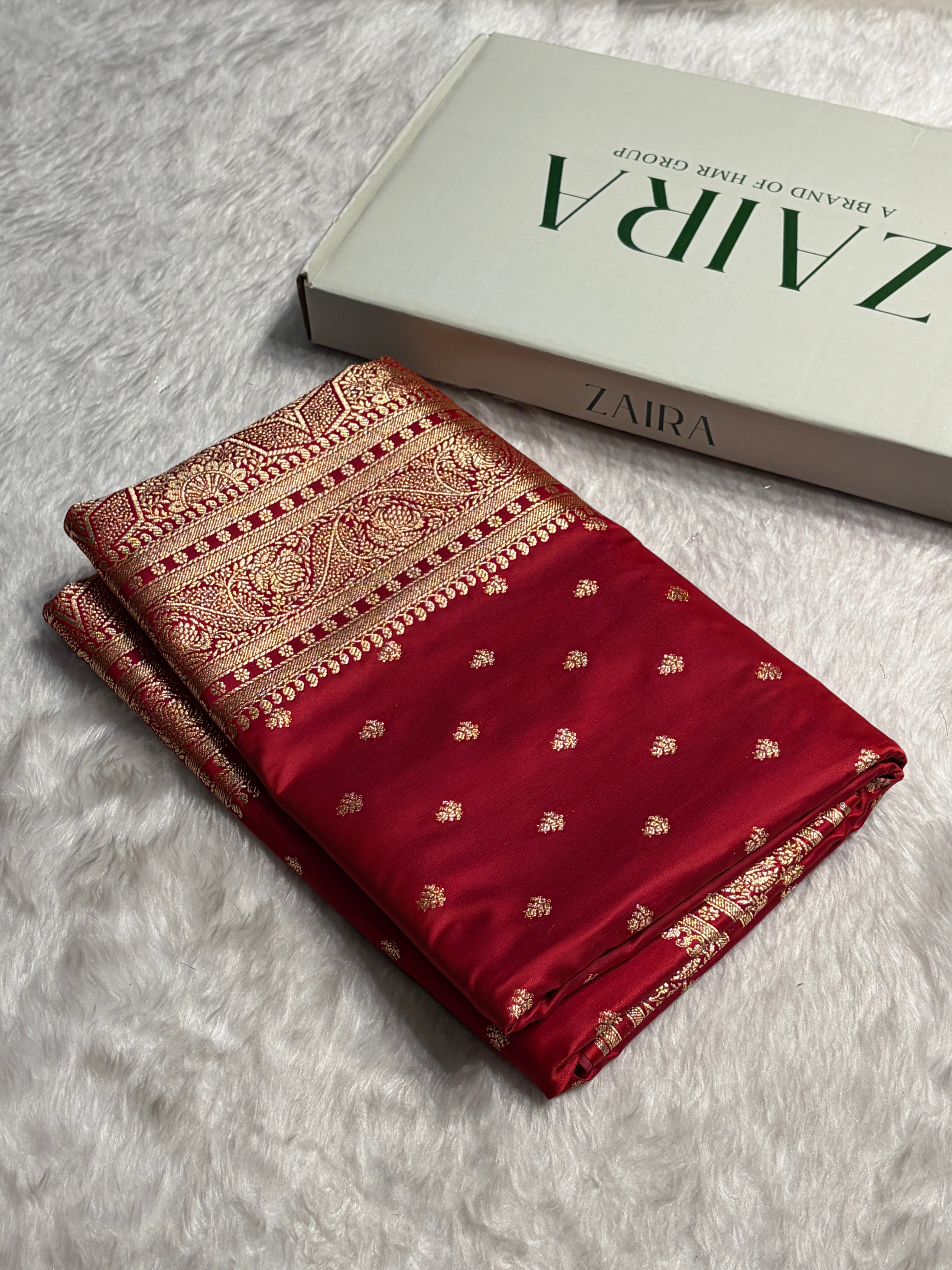 Cross Red Floral Pattern Satin Katan Silk Saree SK78