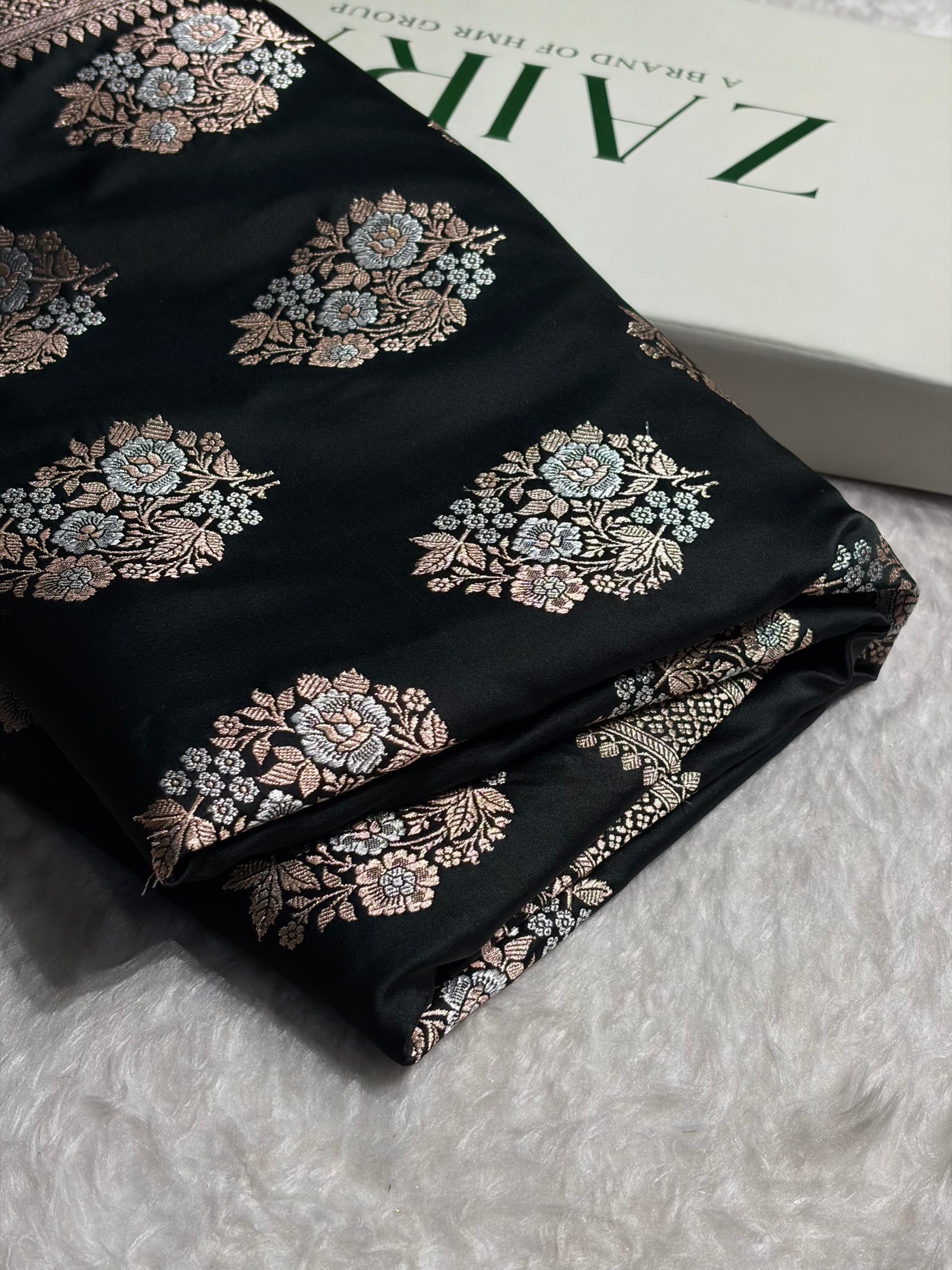 Premium Banarasi Satin Katan Saree With Minakari Boota in Black Shades SK93
