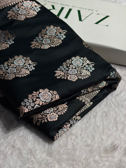 Premium Banarasi Satin Katan Saree With Minakari Boota in Black Shades SK93