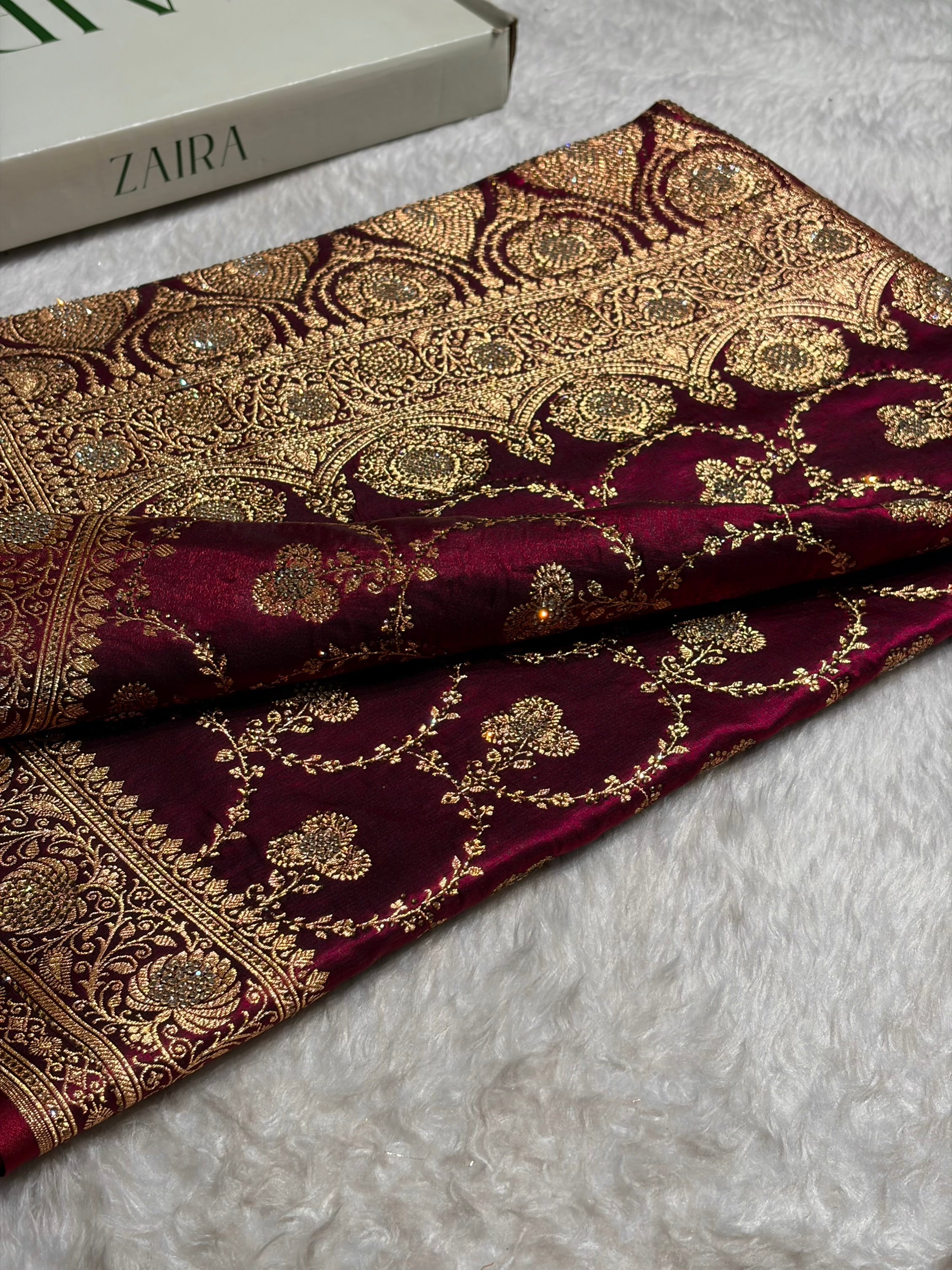 Satin Silk Saree Banarasi Swarovski Work Jaal in Wine Shades  BSS23 (R)