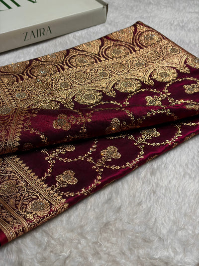 Satin Silk Saree Banarasi Swarovski Work Jaal in Wine Shades  BSS23 (R)