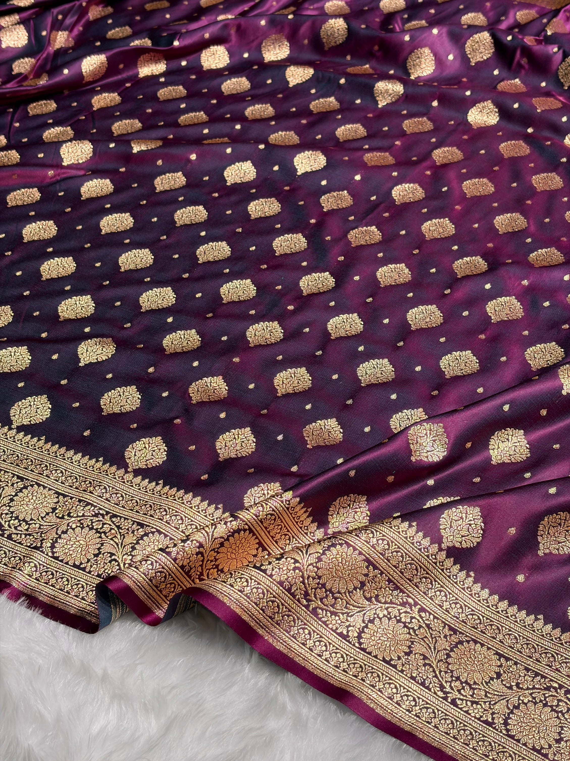 Wine Unique Boota Pattern Satin Katan Silk Saree SK69