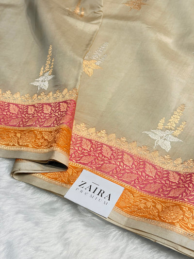 Tusser Shades Contrast Border Meena Boota Handwoven Pure Katan Paper Silk RM-36