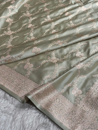 Light Pista Shades Banarasi With Floral Border Mashru Silk Saree MSM-127