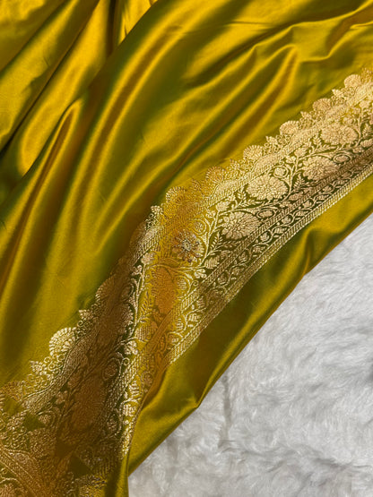 Mehandi Floral Jaal Pattern Satin Katan Silk Saree BSK43