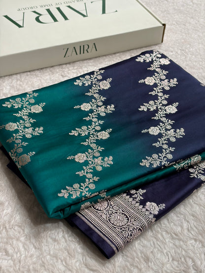 Ombre Navy Blue - Peacock Green Mashru Silk Saree MS01