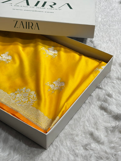 Banarasi Summer Yellow Shades Floral Mashru Silk Saree MCS87