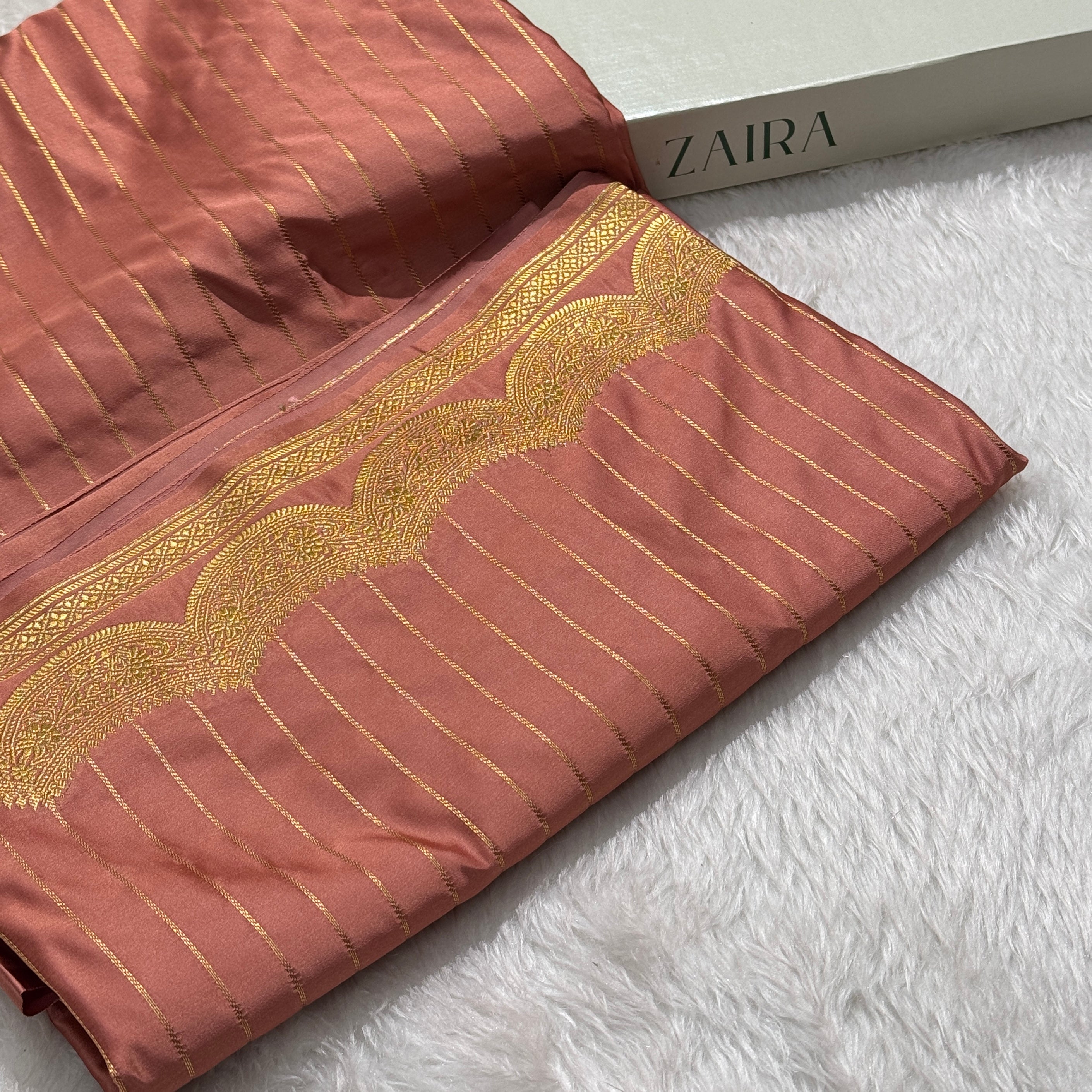 Dusty Peach Scallop Strip Mashru Silk Banarasi Saree MSS5