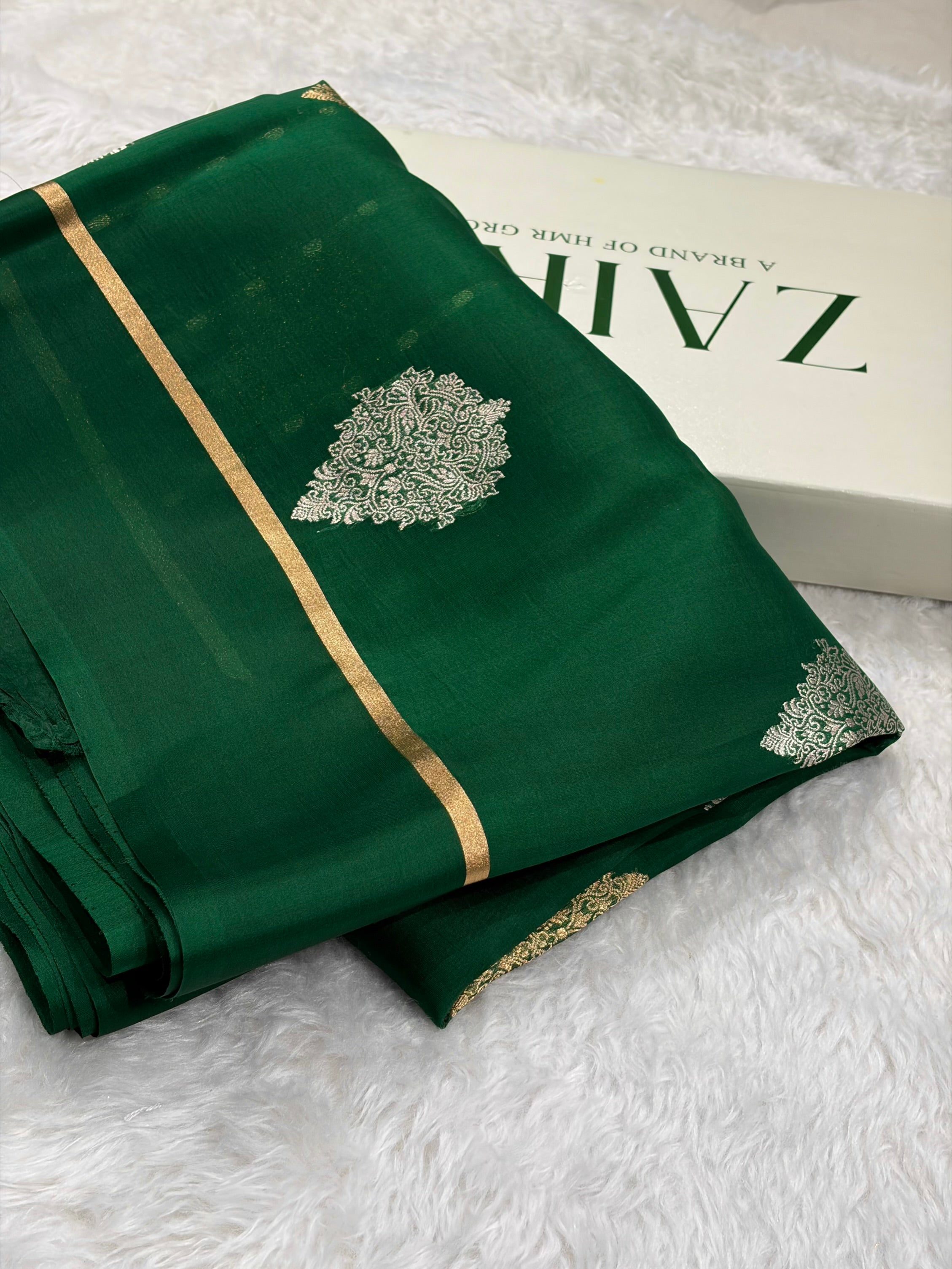 Pure Banarasi Organza Bottle Green Shades With Floral Banarasi Silk Saree PO-29