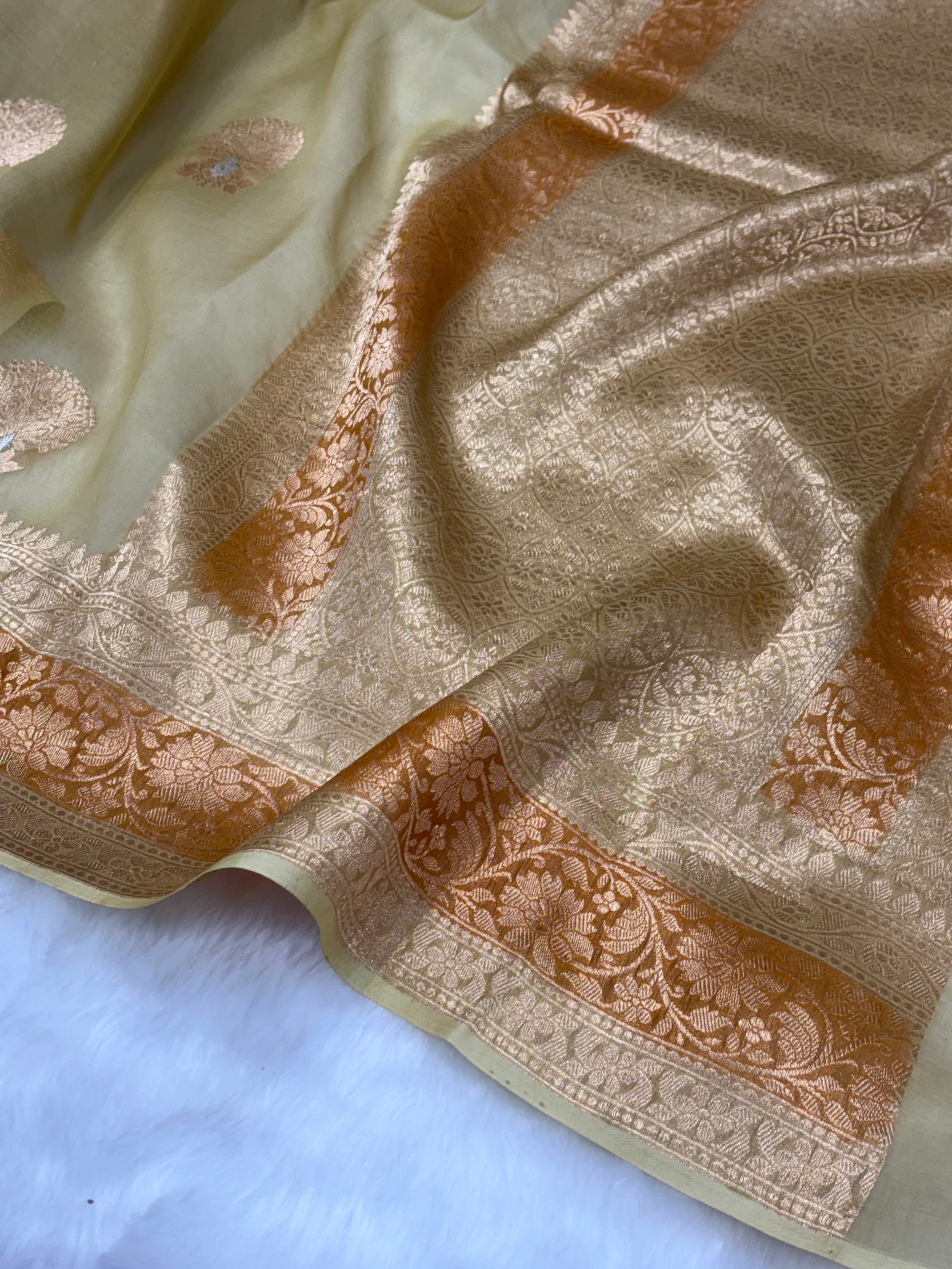 Pure Organza Dusty Yellow Floral Meena Banarasi Silk Saree PO-04
