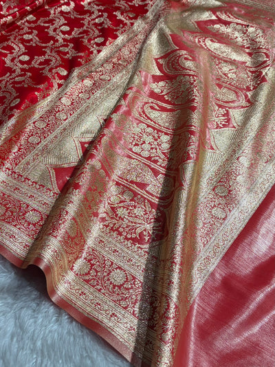 Red Contrast Shades Jaal Pattern Banarasi Satin Silk Saree SS47