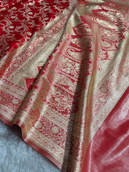Red Contrast Shades Jaal Pattern Banarasi Satin Silk Saree SS47
