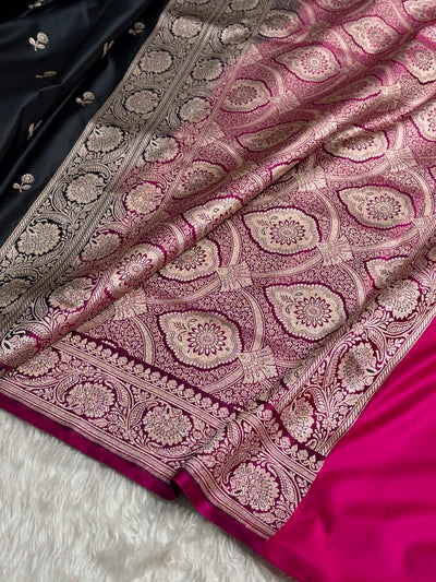 Black/ Rani Shades Banarasi Booti Pattern Mashru Silk Saree MSM-137