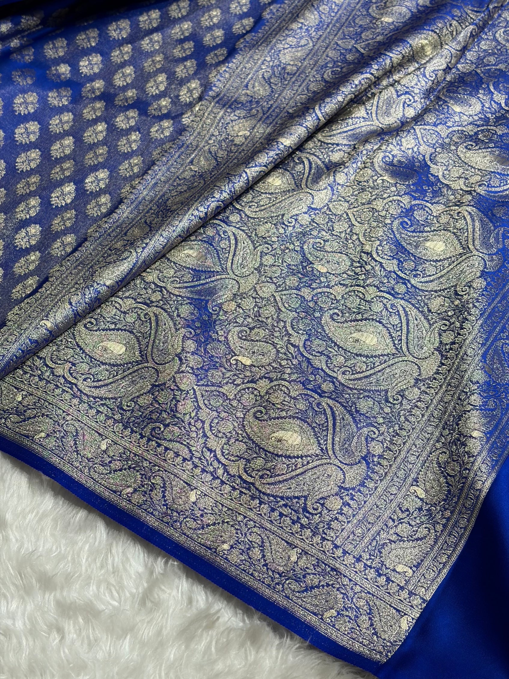 Banarasi Cross Royal Blue Shades Satin Tissue Silk Saree In Booti motif ST01