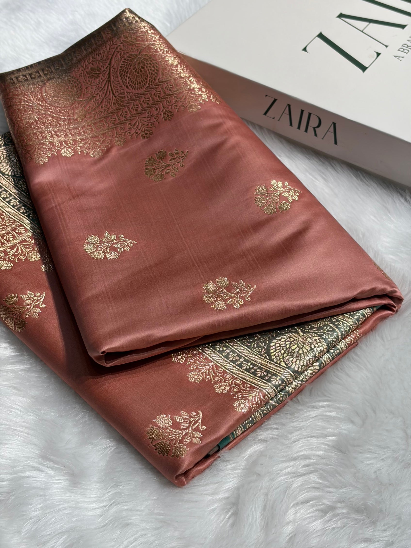 Dusty Mauve - Turquoise Banarasi Boota Katan Silk Saree SKM29
