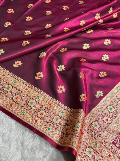 Wine Shades Minakari Boota Pattern Banarasi Satin Silk Saree SS44