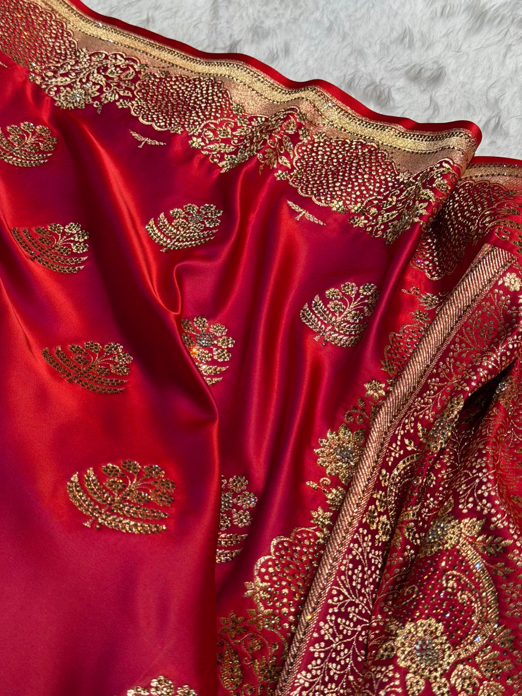 Banarasi Reddish Magenta Unique Boota Pattern With Swarovski Stone Work Satin Katan Silk Saree BSK70