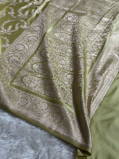 Pista Shades Banarasi With Floral Jaal Pattern Mashru Silk Saree MSM-132