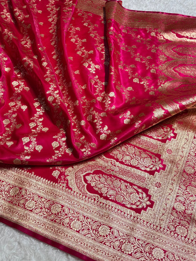 Banarasi Ruby Pink Cross Jaal Satin Silk Saree SS11