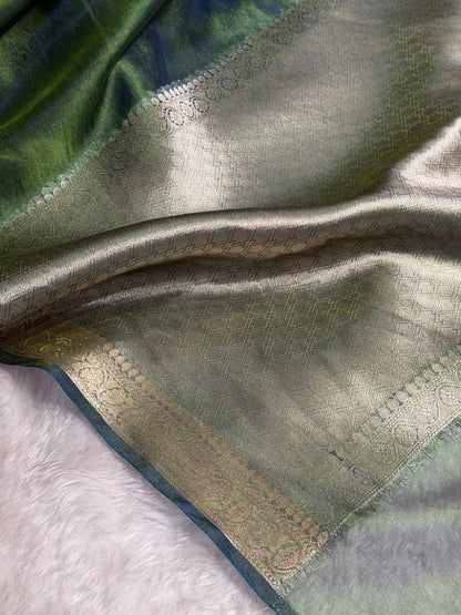 Banarasi Bottle Green Shades Pure Tissue Silk Saree with Brocade Blouse PT-09
