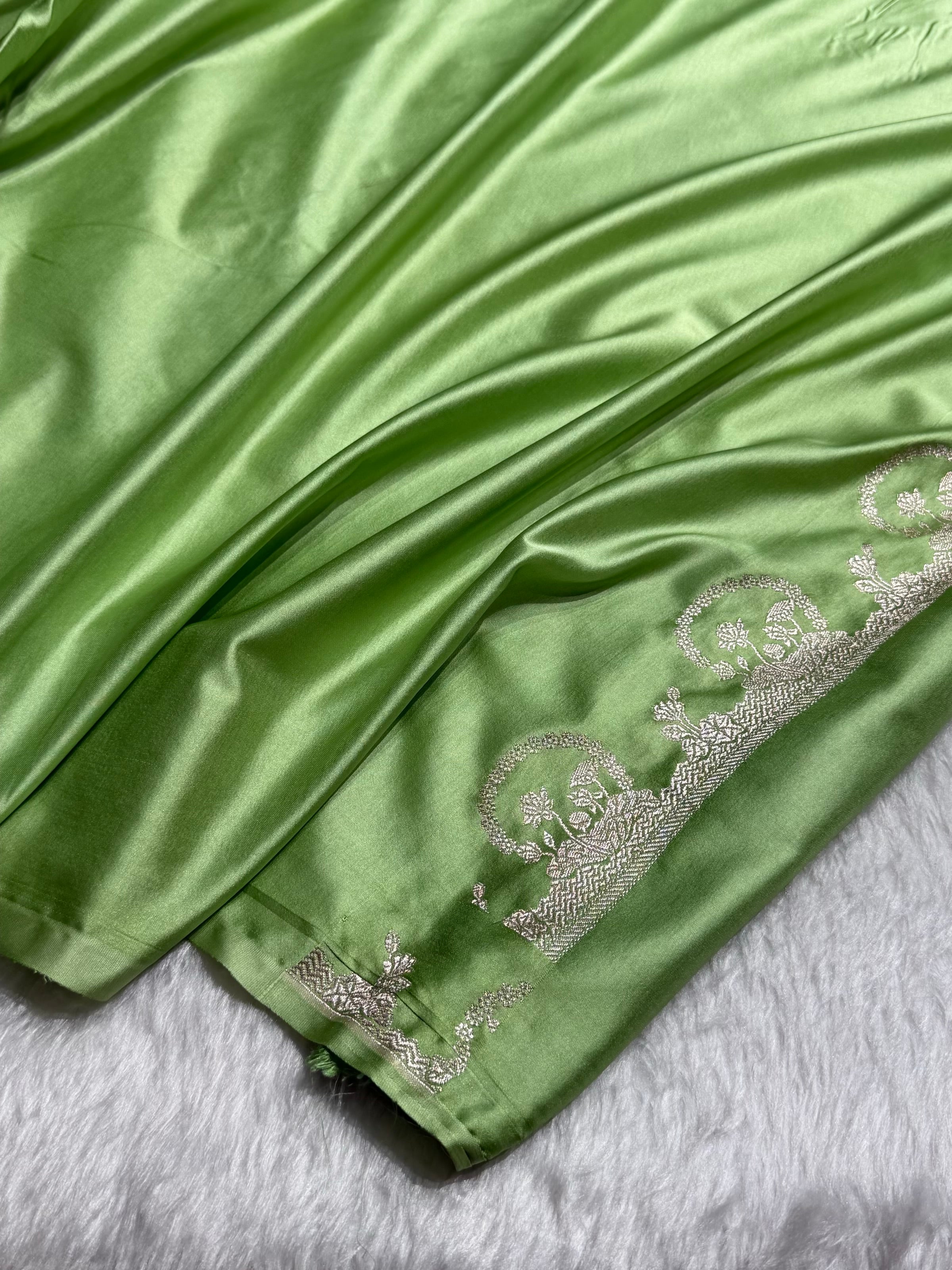 Banarasi Pista Shades With Minakari Floral Mashru Silk Saree MS91