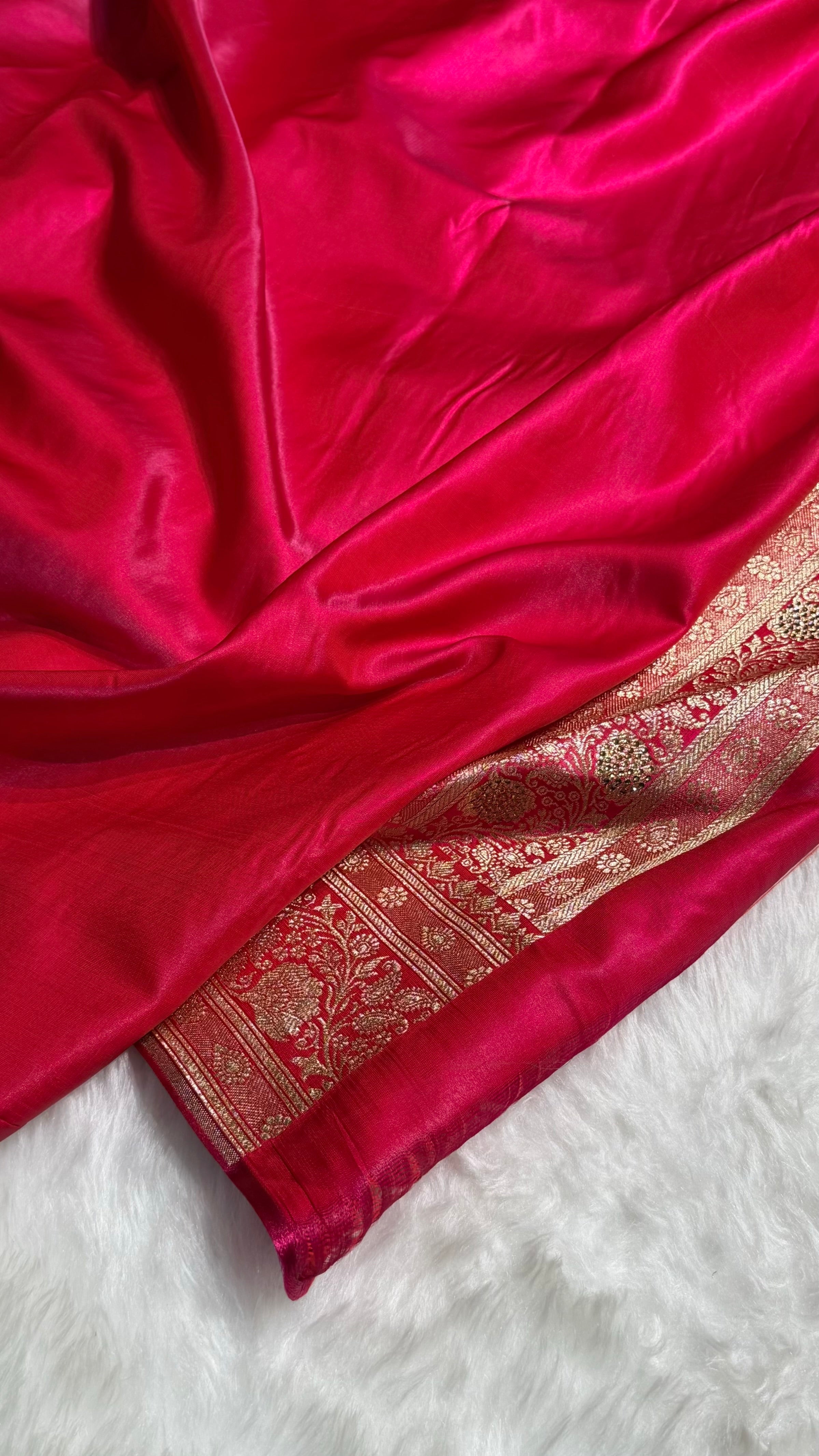 Satin Silk Saree Swarovski Work Floral Boota in Cross Rani Shades BSS26