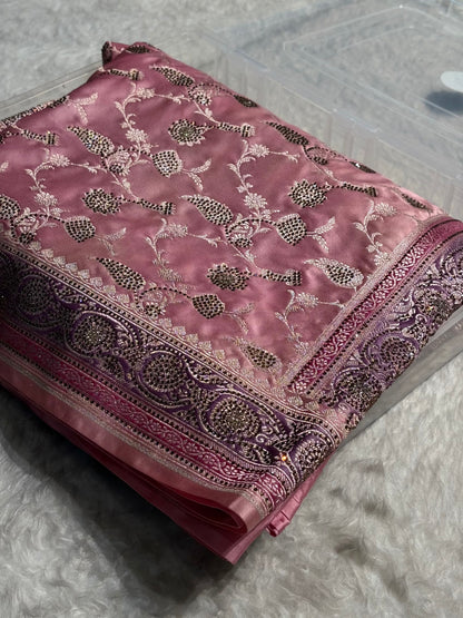 Baby Pink Shades In Banarasi Swarovski Work Jaal Mashru Silk Saree BMS42