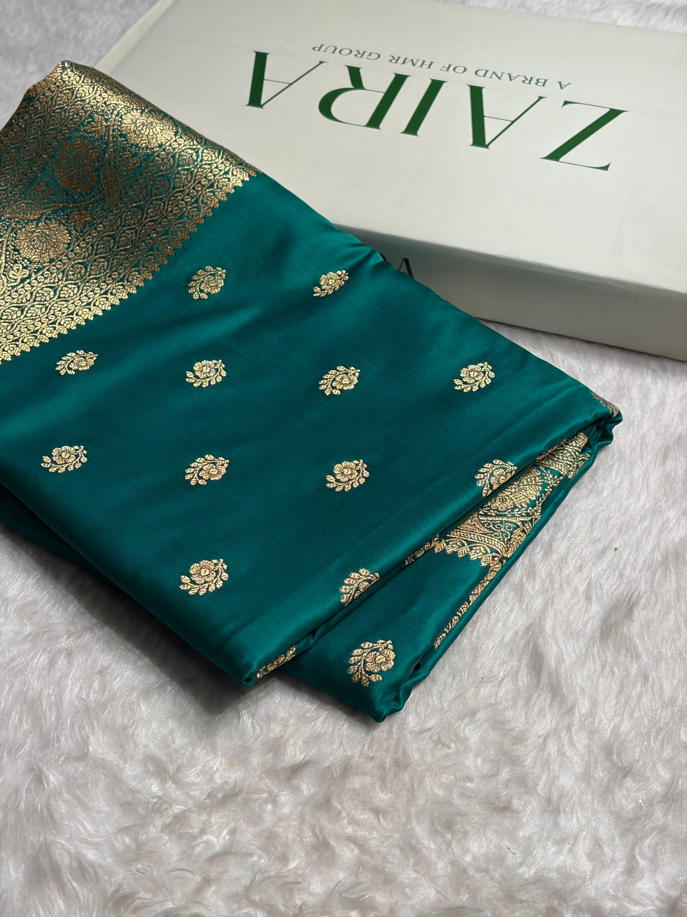 Banarasi Rama Shades Floral Boota Pattern Satin Katan Silk Saree SK72