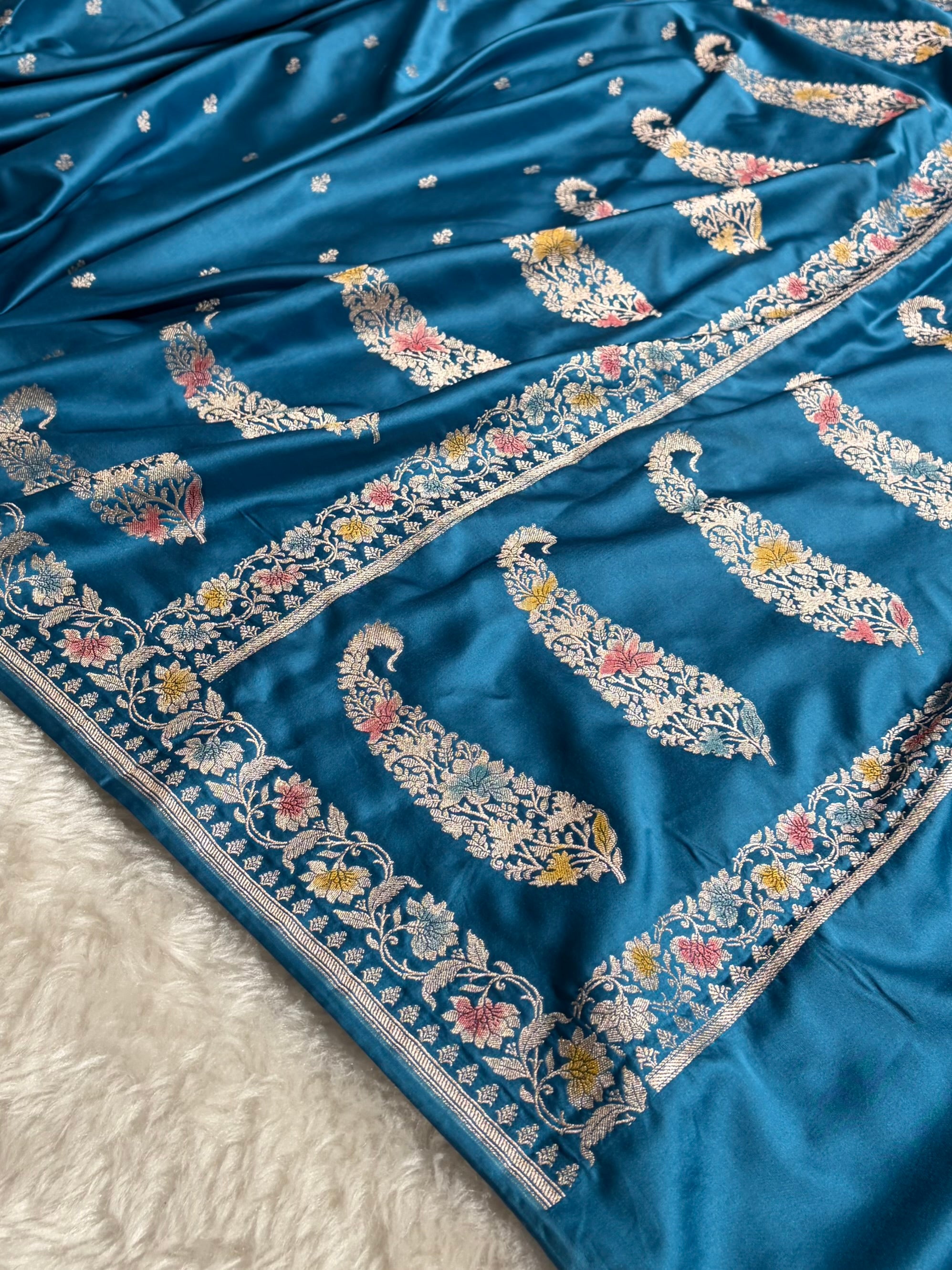 Banarasi Firozi Shades Minakari Floral Mashru Silk Saree MS88