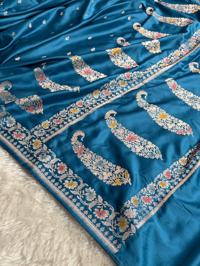 Banarasi Firozi Shades Minakari Floral Mashru Silk Saree MCS88
