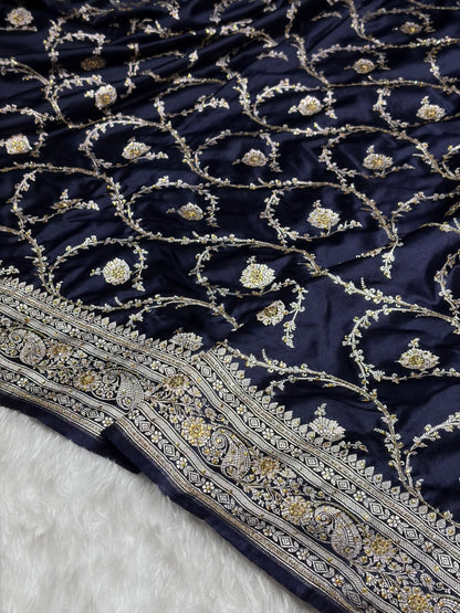 Banarasi Navy Blue Shades Jaal Mashru Silk Saree With Ari Stone Work BMS44