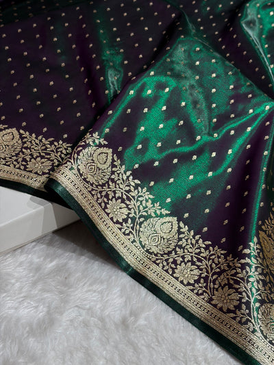 Satin Silk Saree Floral Boota in Greenish Wine Shades SS28