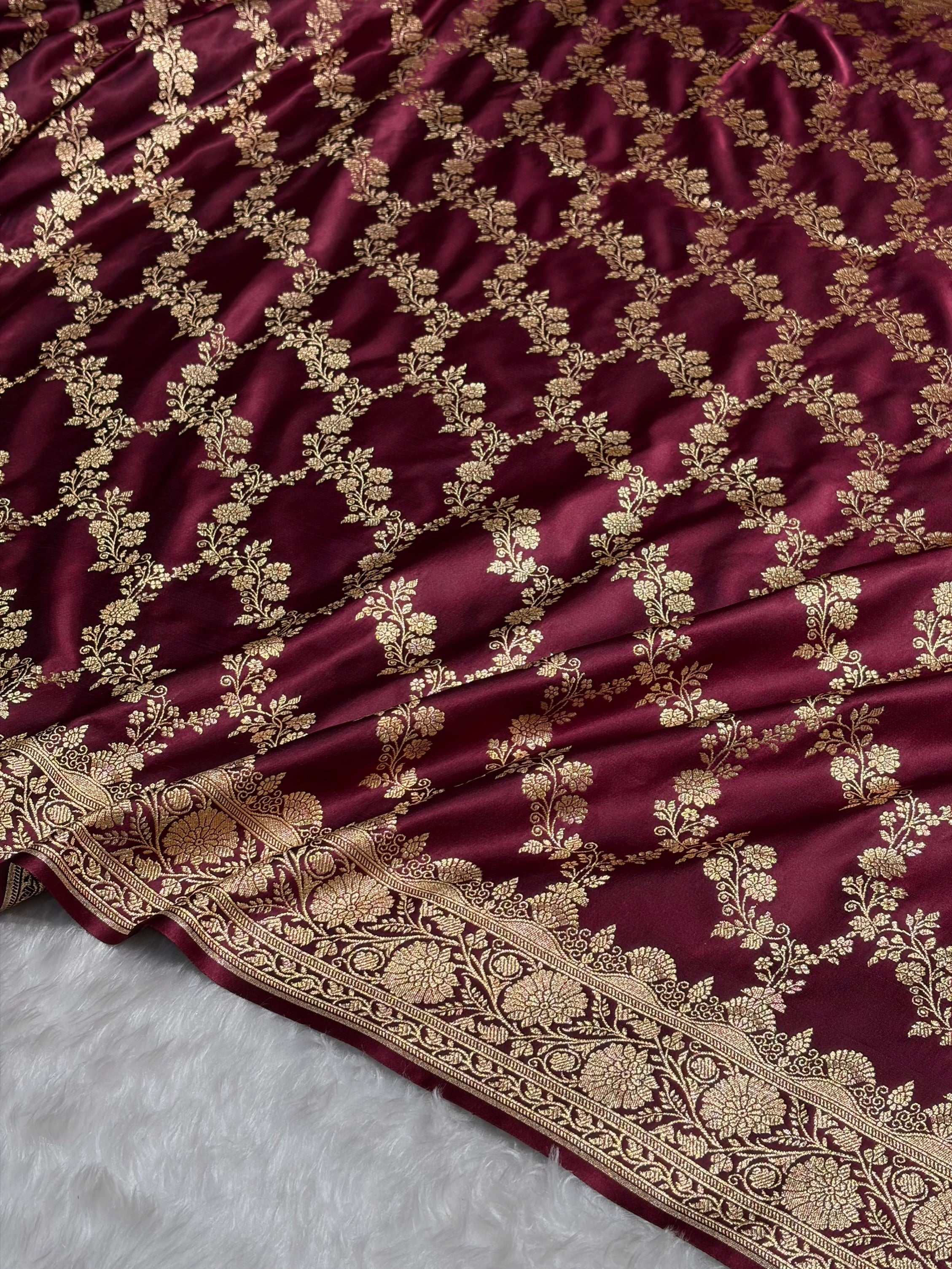 Chocolate Shade Floral Jaal Pattern Satin Katan Silk Saree SK43
