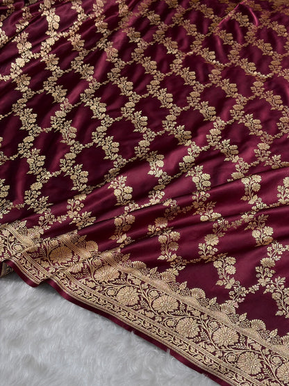 Chocolate Shade Floral Jaal Pattern Satin Katan Silk Saree SK43