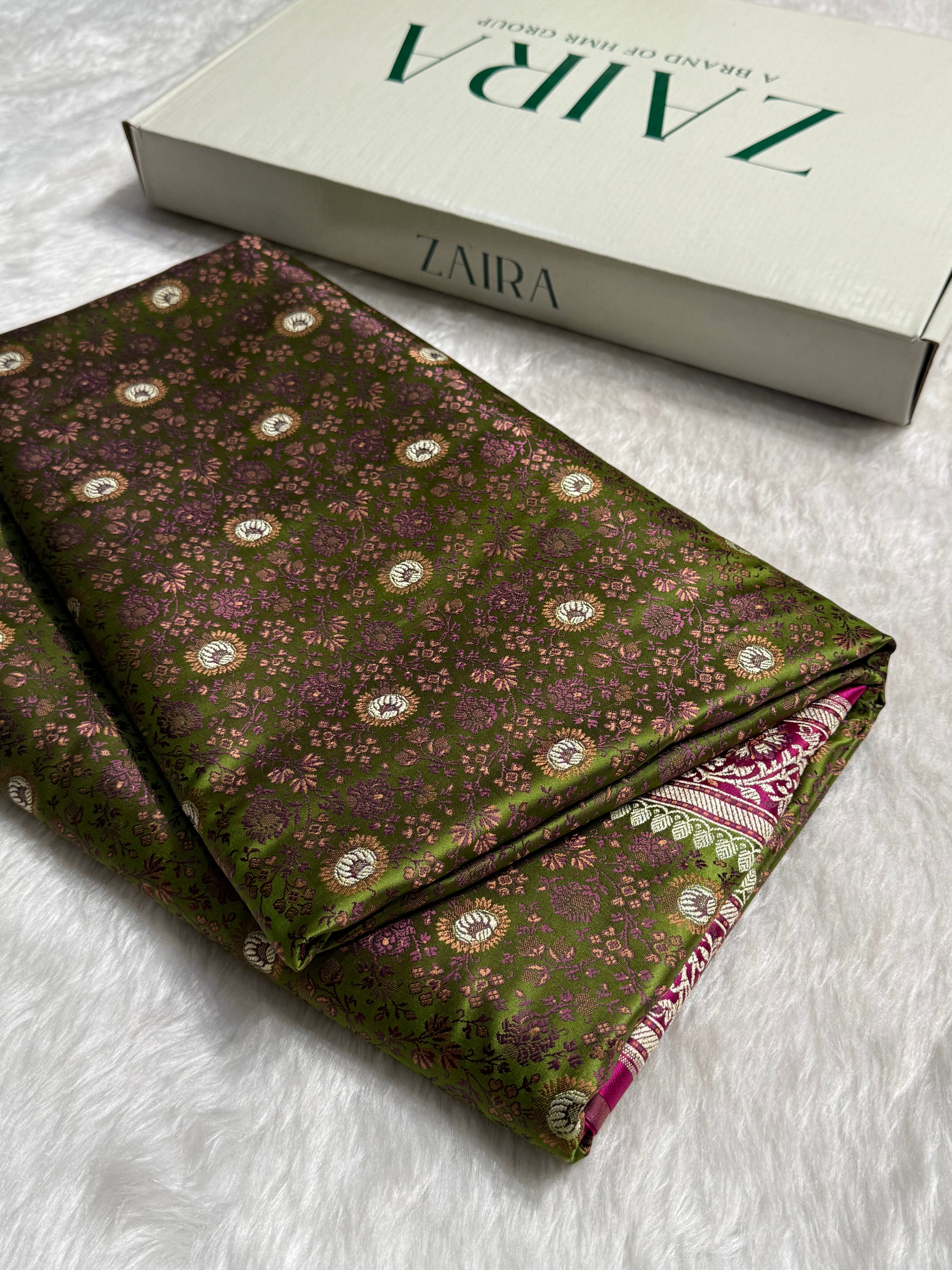 Mehandi - Rani Contrast Jamawar Tanchoi Jaal Katan Silk Saree SKTM-17
